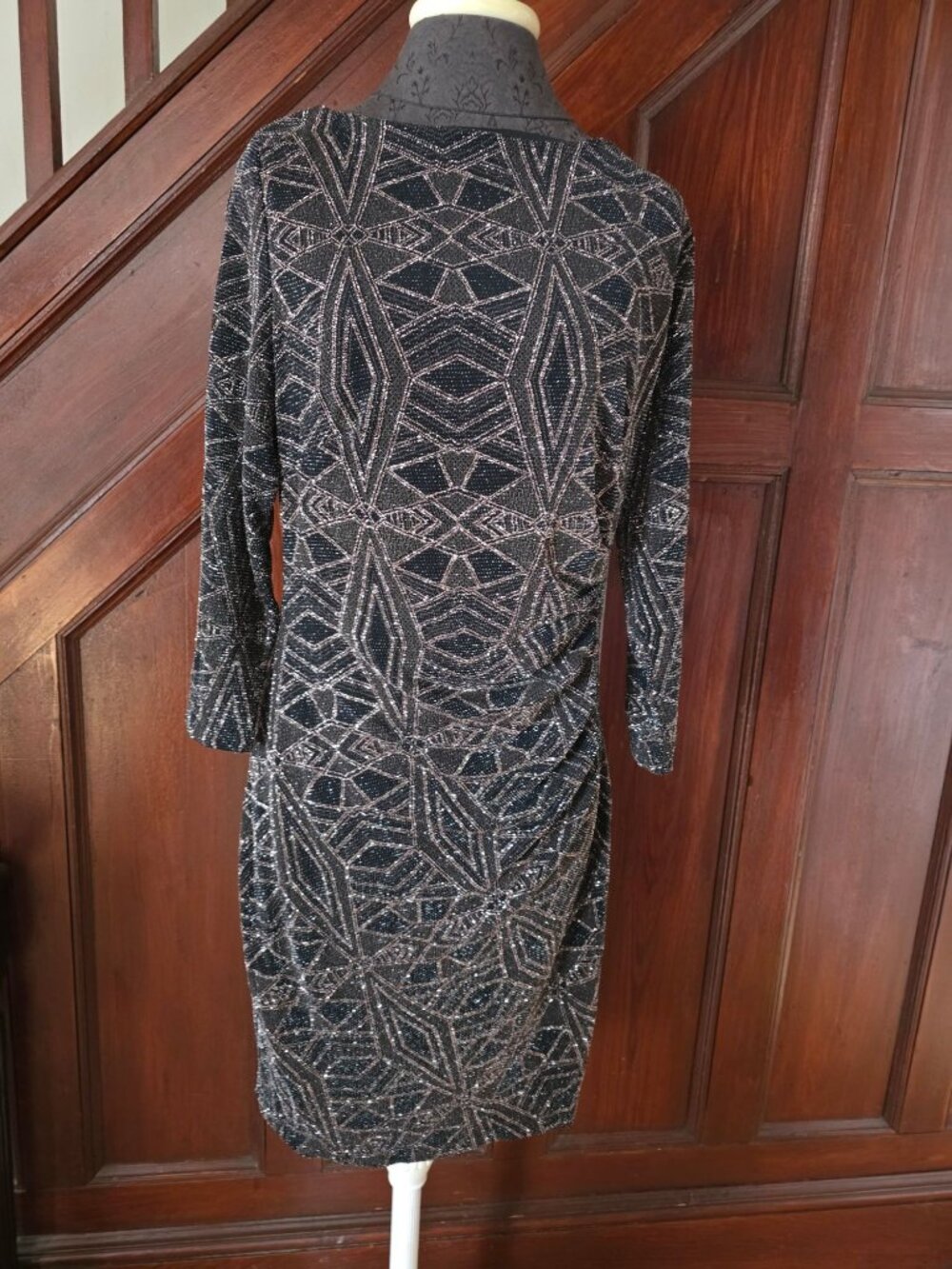 Anne Klein Black & Rose Gold Metallic Geometric Print Dress Size 10 NWT Evening